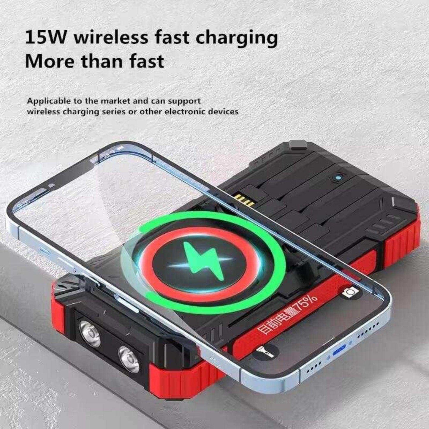 TUTT 30000mAh Portable Rugged Solar-Dual Mode Charging Waterproof Outdoor Power Bank | External Battery 4 Built-In USB Cables | Fast Wireless Charging | 7 Output With Flashlight SOS - www.Shopthatapp.com