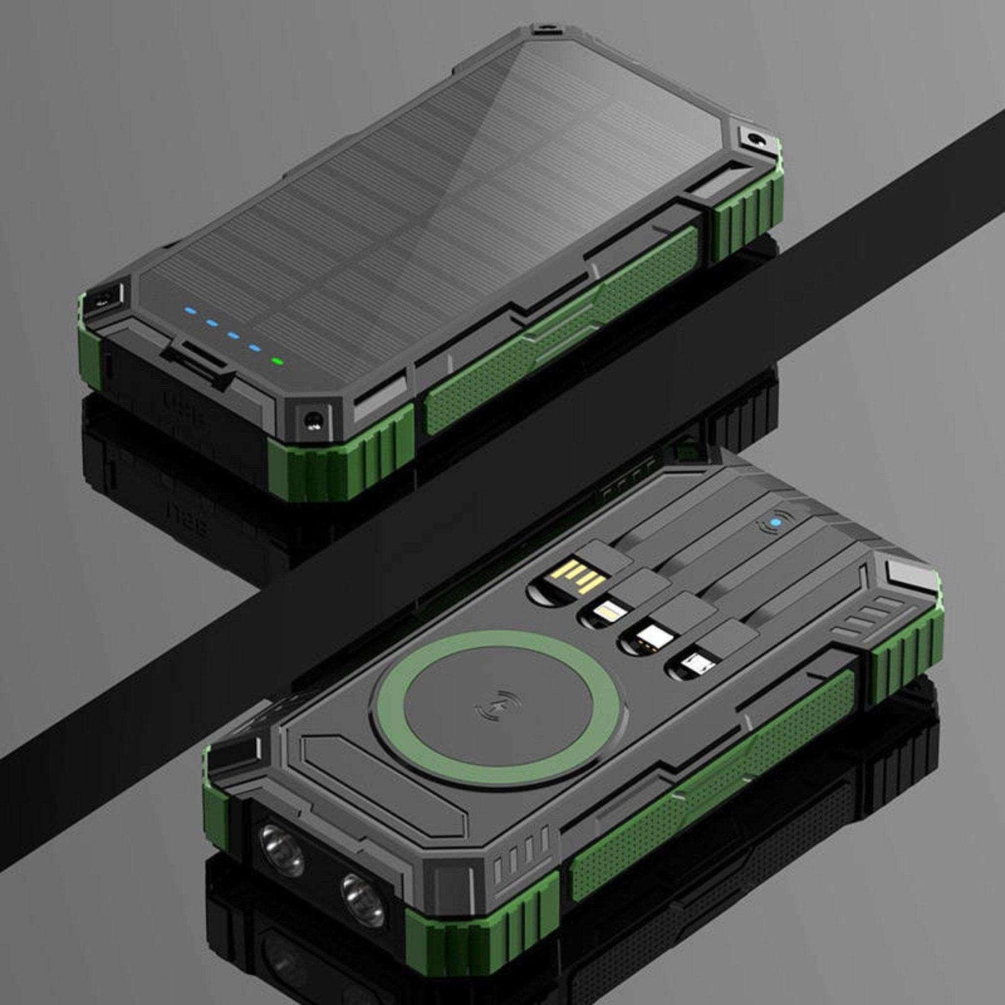 TUTT 30000mAh Portable Rugged Solar-Dual Mode Charging Waterproof Outdoor Power Bank | External Battery 4 Built-In USB Cables | Fast Wireless Charging | 7 Output With Flashlight SOS - www.Shopthatapp.com