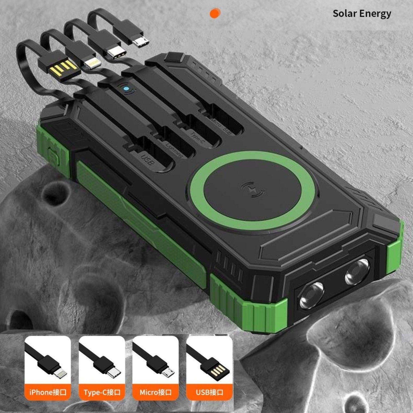 TUTT 30000mAh Portable Rugged Solar-Dual Mode Charging Waterproof Outdoor Power Bank | External Battery 4 Built-In USB Cables | Fast Wireless Charging | 7 Output With Flashlight SOS - www.Shopthatapp.com