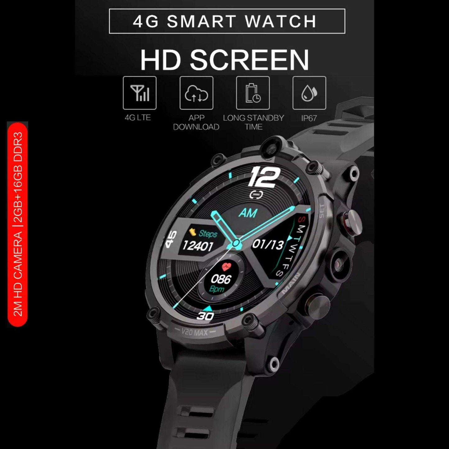 TUTT 4G Smart Watch Rugged with SIM Card | Dual Camera | 2GBRAM+16GBROM | V20 | Health and Fitness Tracker - www.Shopthatapp.com