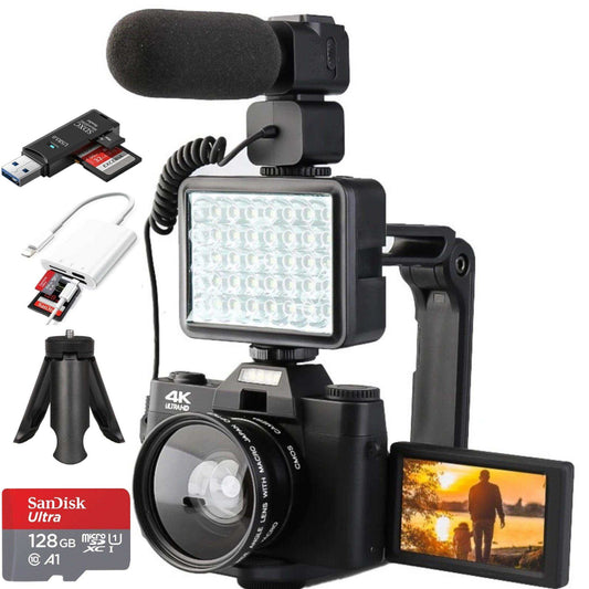 TUTT 4K 48MP Digital Camera for Vlogging 3.0’’ 180° Flip Screen, WiFi, 16X Digital Zoom, Wide Angle & Macro Lens Mic, Full Combo | 128GB SanDisk 3 in 1 SD/TF/Charging Kit - www.Shopthatapp.com
