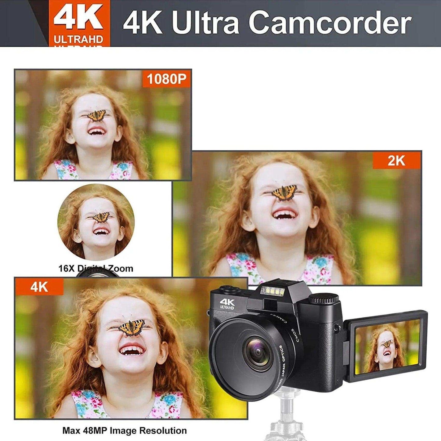 TUTT 4K 48MP Digital Camera for Vlogging 3.0’’ 180° Flip Screen, WiFi, 16X Digital Zoom, Wide Angle & Macro Lens Mic, Full Combo | 128GB SanDisk 3 in 1 SD/TF/Charging Kit - www.Shopthatapp.com
