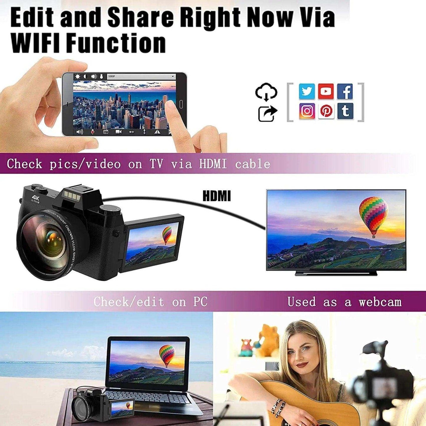 TUTT 4K 48MP Digital Camera for Vlogging 3.0’’ 180° Flip Screen, WiFi, 16X Digital Zoom, Wide Angle & Macro Lens Mic, Full Combo | 128GB SanDisk 3 in 1 SD/TF/Charging Kit - www.Shopthatapp.com