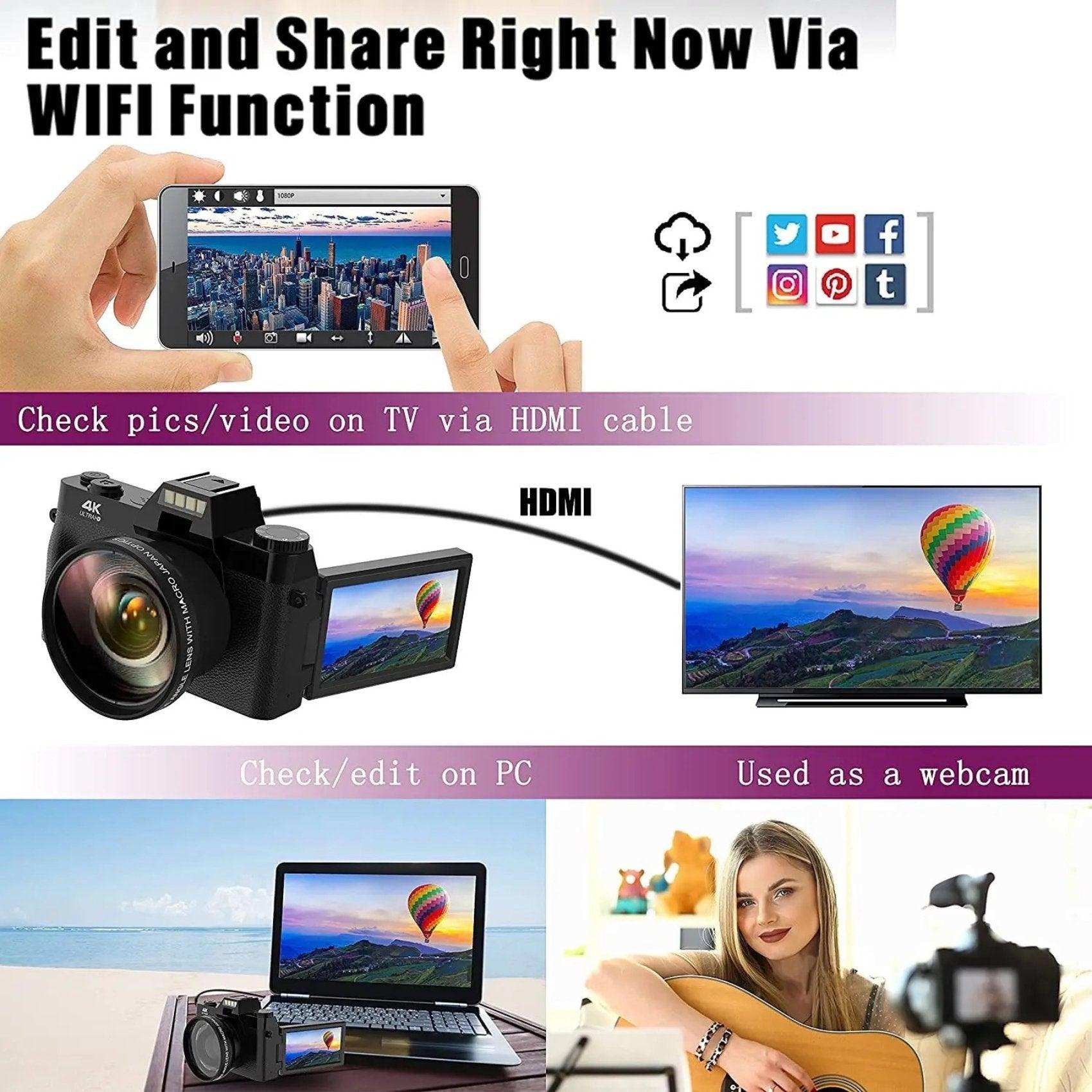 TUTT 4K 48MP Digital Camera for Vlogging 3.0’’ 180° Flip Screen, WiFi, 16X Digital Zoom, Wide Angle & Macro Lens Mic, Full Combo | 128GB SanDisk 3 in 1 SD/TF/Charging Kit - www.Shopthatapp.com