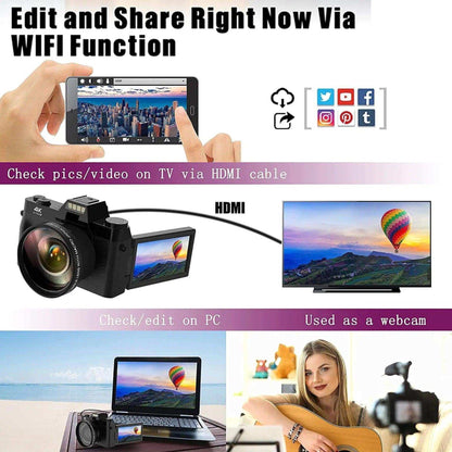 TUTT 4K 48MP Digital Camera for Vlogging 3.0’’ 180° Flip Screen, WiFi, 16X Digital Zoom, Wide Angle & Macro Lens Mic, Full Combo | 128GB SanDisk 3 in 1 SD/TF/Charging Kit - www.Shopthatapp.com