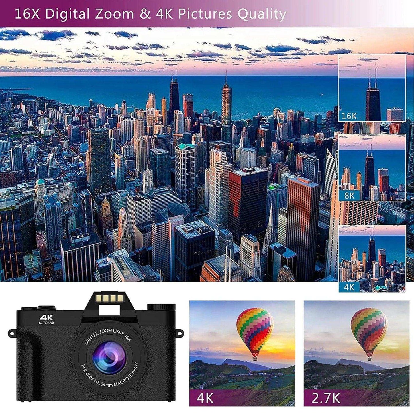 TUTT 4K 48MP Digital Camera for Vlogging 3.0’’ 180° Flip Screen, WiFi, 16X Digital Zoom, Wide Angle & Macro Lens Mic, Full Combo | 128GB SanDisk 3 in 1 SD/TF/Charging Kit - www.Shopthatapp.com