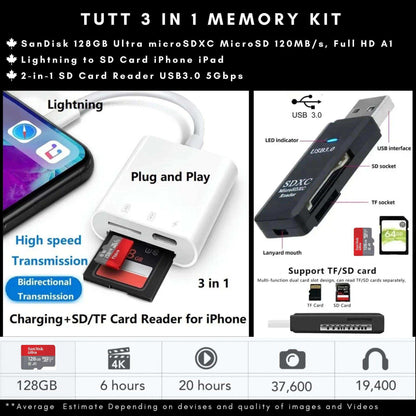 TUTT 4K 48MP Digital Camera for Vlogging 3.0’’ 180° Flip Screen, WiFi, 16X Digital Zoom, Wide Angle & Macro Lens Mic, Full Combo | 128GB SanDisk 3 in 1 SD/TF/Charging Kit - www.Shopthatapp.com