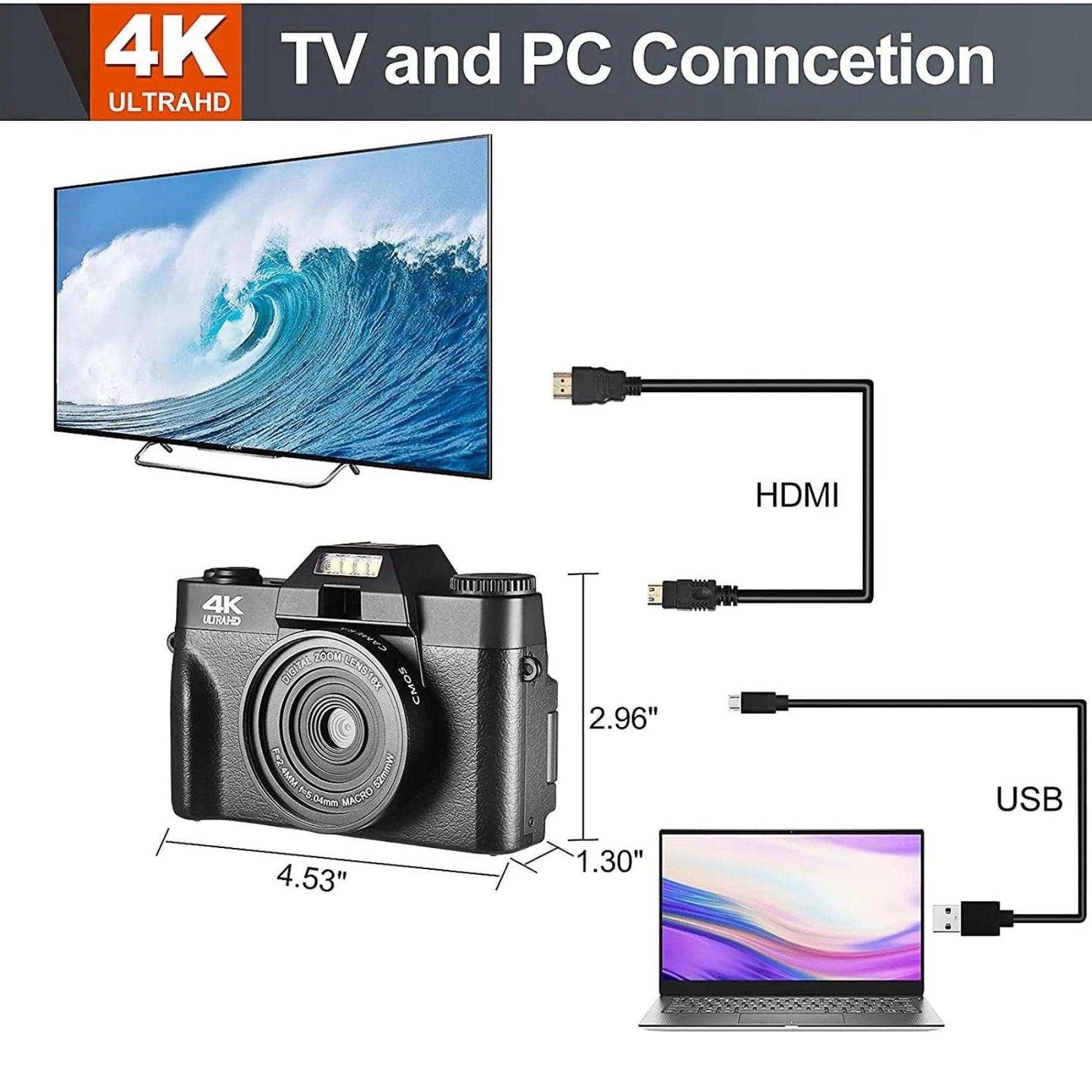 TUTT 4K 48MP Digital Camera for Vlogging 3.0’’ 180° Flip Screen, WiFi, 16X Digital Zoom, Wide Angle & Macro Lens Mic, Full Combo | 128GB SanDisk 3 in 1 SD/TF/Charging Kit - www.Shopthatapp.com