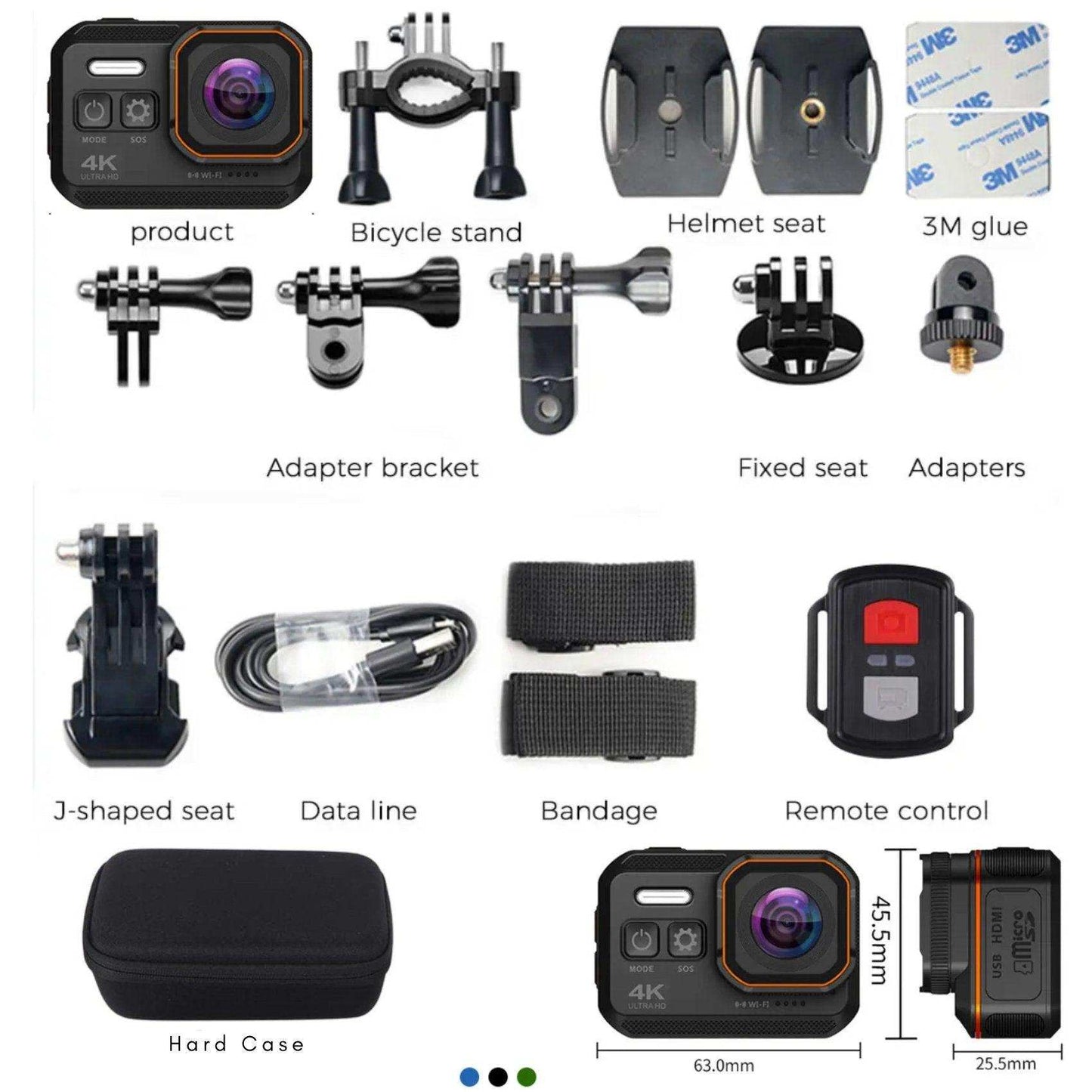 TUTT 4K 60fps 20MP Waterproof Action Camera Dash Cam 2” IPS Display IP68 Waterproof Underwater Wi-fi Motion Camera Hamlet Vlogging Hard Case 128GB SanDisk 3 in 1 SD/TF/Charging Kit - www.Shopthatapp.com