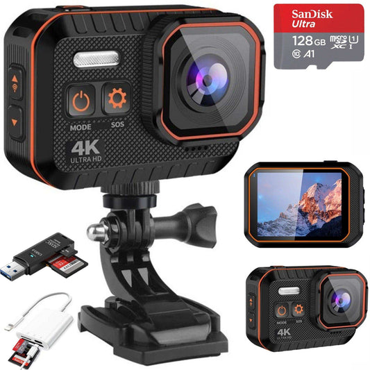TUTT 4K 60fps 20MP Waterproof Action Camera Dash Cam 2” IPS Display IP68 Waterproof Underwater Wi-fi Motion Camera Hamlet Vlogging Hard Case 128GB SanDisk 3 in 1 SD/TF/Charging Kit - www.Shopthatapp.com