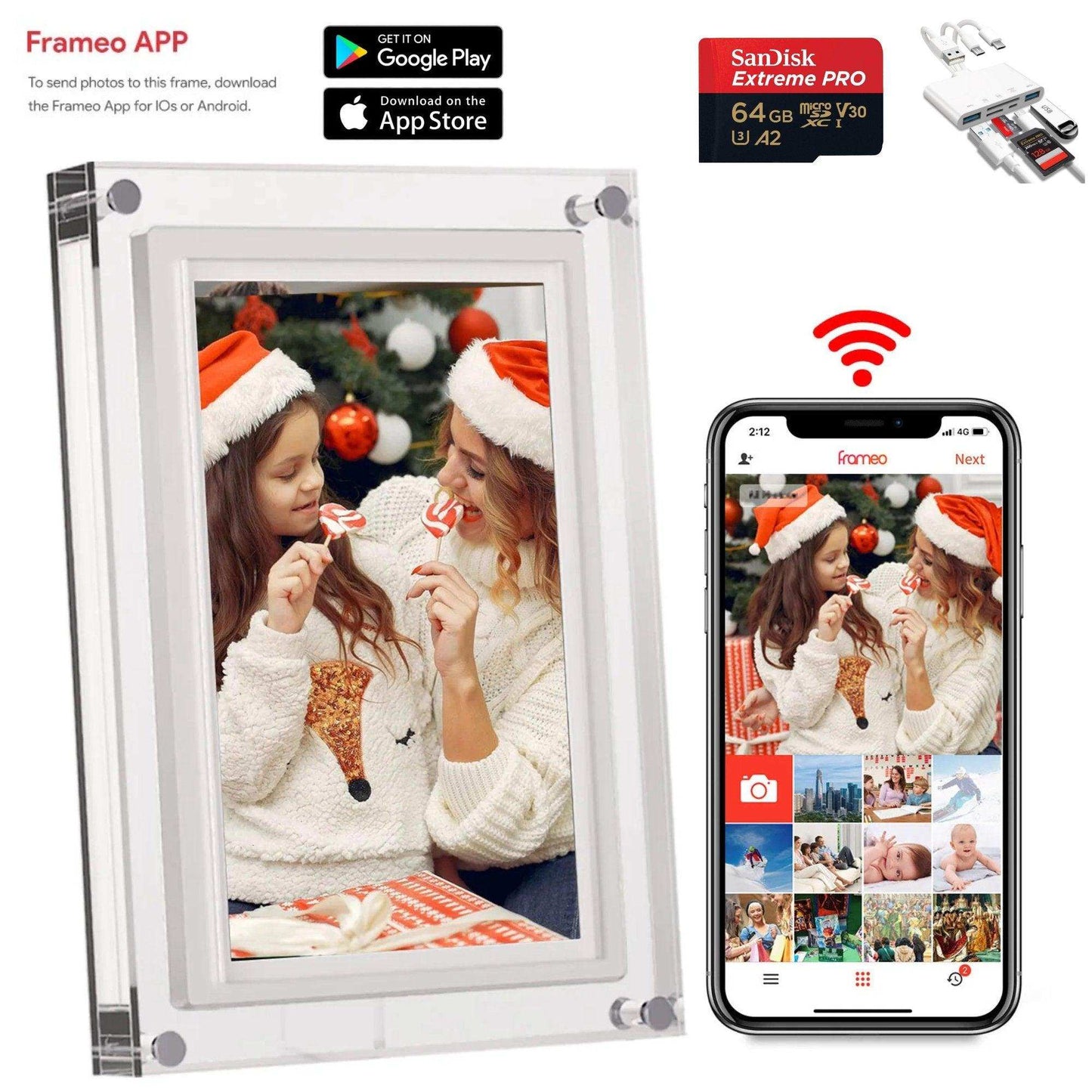 TUTT 7" and 10” Acrylic Digital Photo Frame | WiFi | IPS Touchscreen | 32GB Built-In Storage | Frameo App | SanDisk Extreme PRO® 64GB micro SD Card + Reader Kit