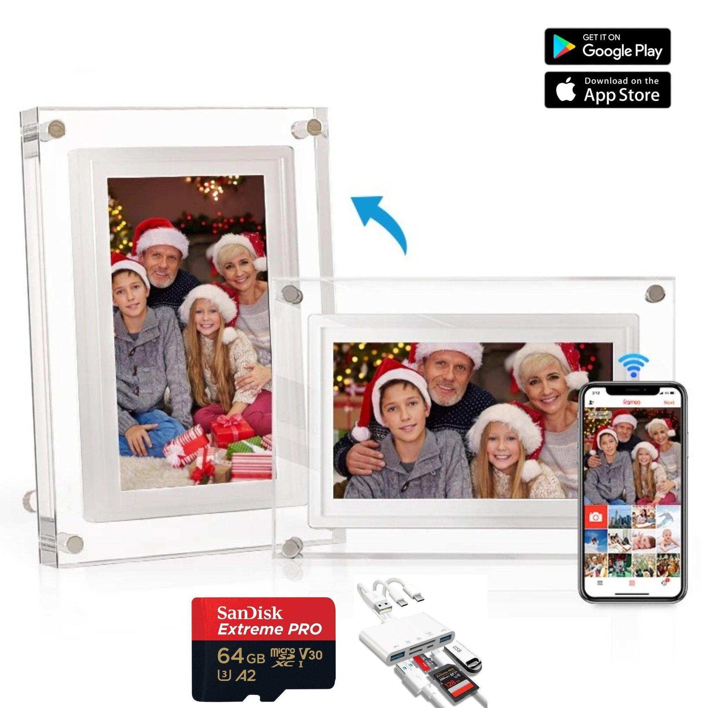 TUTT 7" and 10” Acrylic Digital Photo Frame | WiFi | IPS Touchscreen | 32GB Built-In Storage | Frameo App | SanDisk Extreme PRO® 64GB micro SD Card + Reader Kit
