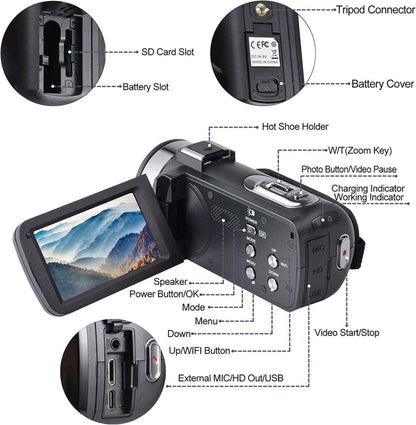 TUTT 8K 48MP Camcorder WIFI Digital Video Camera Recorder | Premium Combo 128GB SanDisk 2 Batteries - www.Shopthatapp.com