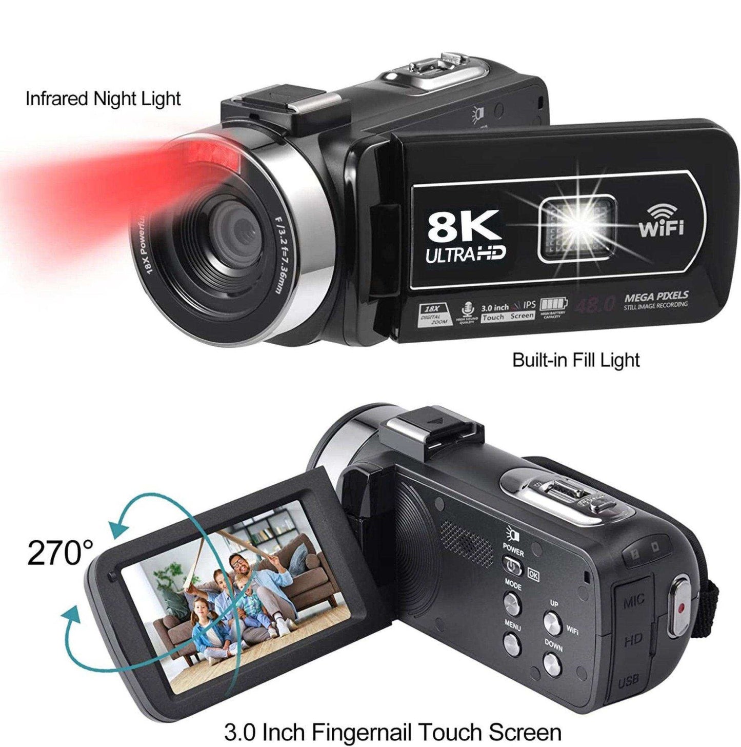 TUTT 8K 48MP Camcorder WIFI Digital Video Camera Recorder | Premium Combo 128GB SanDisk 2 Batteries - www.Shopthatapp.com