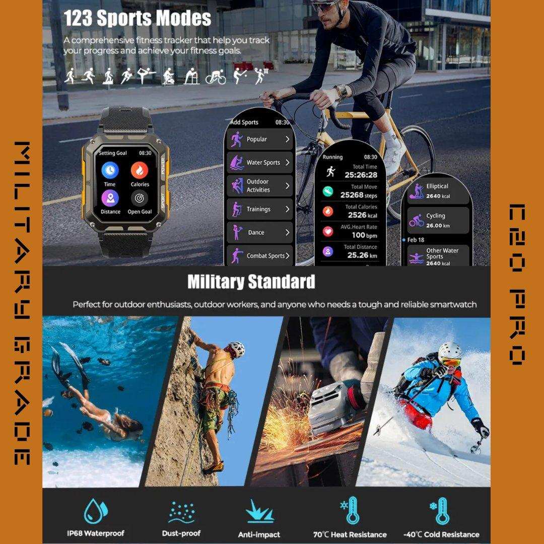 TUTT Smartwatch for Men Military Rugged | Speaker Pedometer IP68 Waterproof 1.83'' HD Tactical Smart Watch Fitness and Health Tracking Long Battery Life C20-Pro - www.Shopthatapp.com