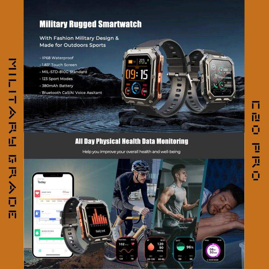 TUTT Smartwatch for Men Military Rugged | Speaker Pedometer IP68 Waterproof 1.83'' HD Tactical Smart Watch Fitness and Health Tracking Long Battery Life C20-Pro - www.Shopthatapp.com