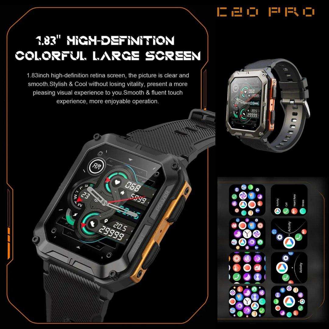 TUTT Smartwatch for Men Military Rugged | Speaker Pedometer IP68 Waterproof 1.83'' HD Tactical Smart Watch Fitness and Health Tracking Long Battery Life C20-Pro - www.Shopthatapp.com