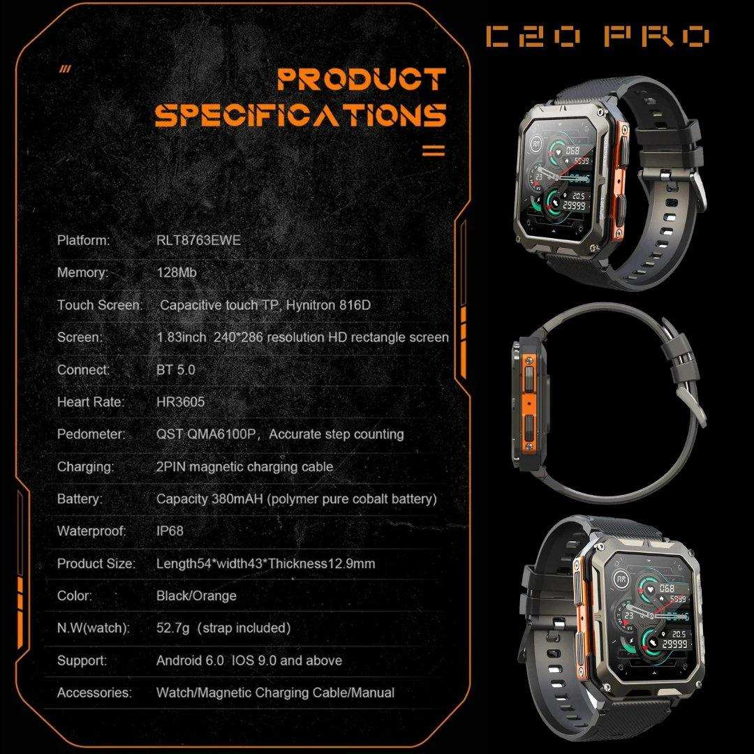 TUTT Smartwatch for Men Military Rugged | Speaker Pedometer IP68 Waterproof 1.83'' HD Tactical Smart Watch Fitness and Health Tracking Long Battery Life C20-Pro - www.Shopthatapp.com