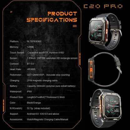 TUTT Smartwatch for Men Military Rugged | Speaker Pedometer IP68 Waterproof 1.83'' HD Tactical Smart Watch Fitness and Health Tracking Long Battery Life C20-Pro - www.Shopthatapp.com