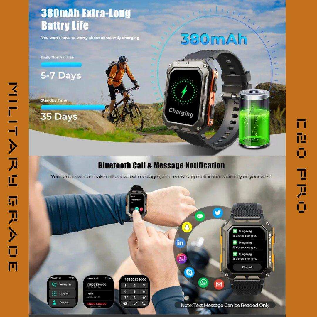 TUTT Smartwatch for Men Military Rugged | Speaker Pedometer IP68 Waterproof 1.83'' HD Tactical Smart Watch Fitness and Health Tracking Long Battery Life C20-Pro - www.Shopthatapp.com