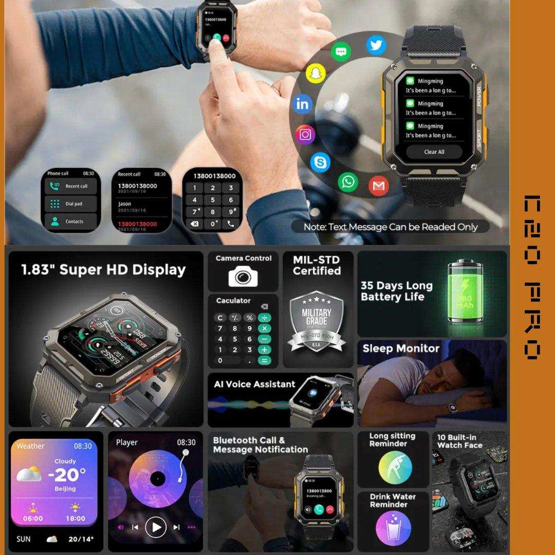 TUTT Smartwatch for Men Military Rugged | Speaker Pedometer IP68 Waterproof 1.83'' HD Tactical Smart Watch Fitness and Health Tracking Long Battery Life C20-Pro - www.Shopthatapp.com