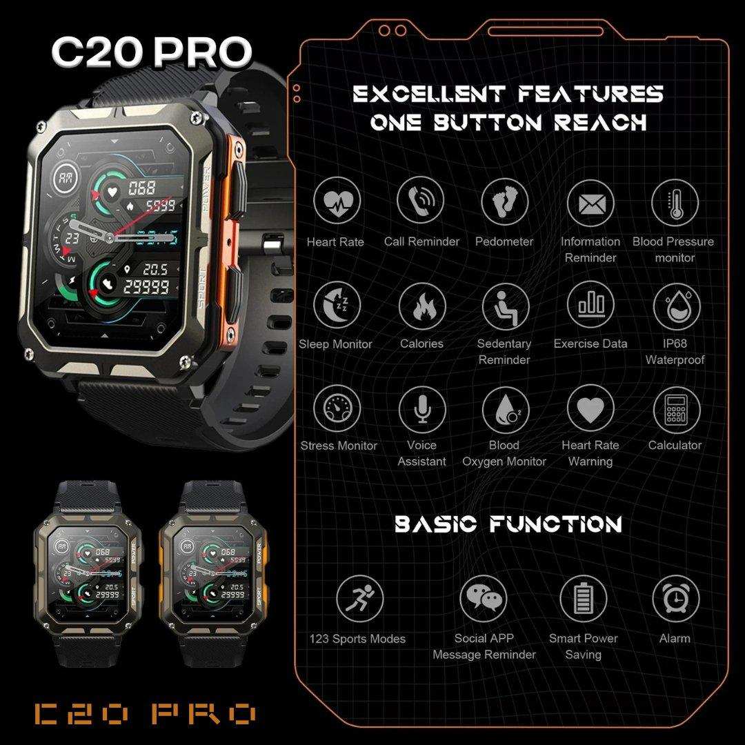 TUTT Smartwatch for Men Military Rugged | Speaker Pedometer IP68 Waterproof 1.83'' HD Tactical Smart Watch Fitness and Health Tracking Long Battery Life C20-Pro - www.Shopthatapp.com