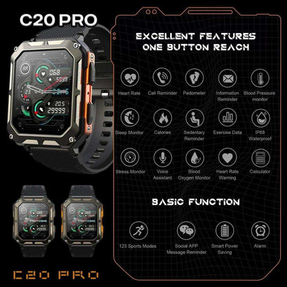 TUTT Smartwatch for Men Military Rugged | Speaker Pedometer IP68 Waterproof 1.83'' HD Tactical Smart Watch Fitness and Health Tracking Long Battery Life C20-Pro - www.Shopthatapp.com