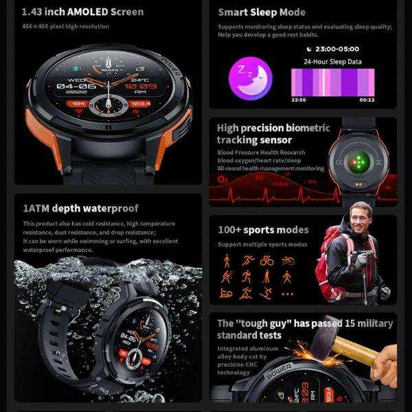 TUTT Smartwatch for Men | 1 ATM 10 Meter Depth AMOLED screen  | 410mah Long Battery Life Fitness Health Tracking Smart Watch Military Rugged  C25 - www.Shopthatapp.com