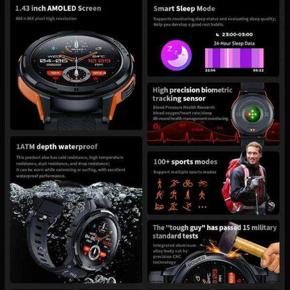 TUTT Smartwatch for Men | 1 ATM 10 Meter Depth AMOLED screen  | 410mah Long Battery Life Fitness Health Tracking Smart Watch Military Rugged  C25 - www.Shopthatapp.com