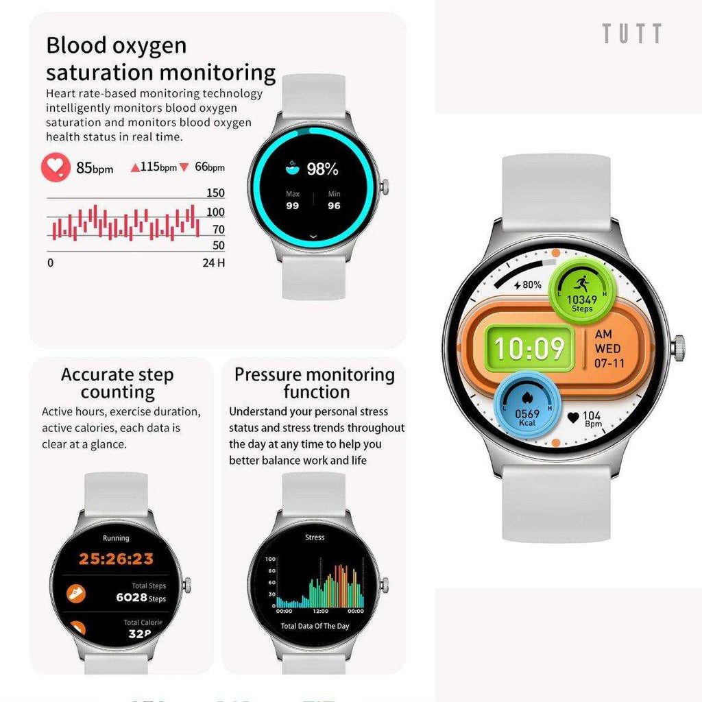 TUTT  Classic Smartwatch for Women Men AMOLED 1.43”  | Ultra-Thin Frame | Always-on-Display | Fitness Health Tracker V89 Pro | Two Straps: Steel & Rubber | Smart Watch for Android iOS - www.Shopthatapp.com