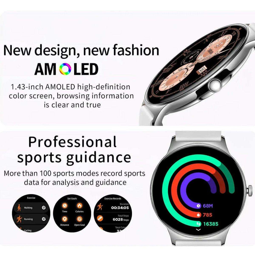TUTT  Classic Smartwatch for Women Men AMOLED 1.43”  | Ultra-Thin Frame | Always-on-Display | Fitness Health Tracker V89 Pro | Two Straps: Steel & Rubber | Smart Watch for Android iOS - www.Shopthatapp.com