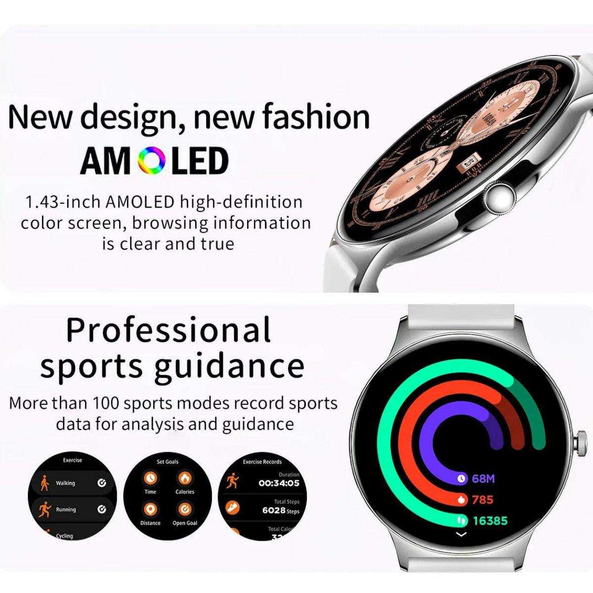 TUTT  Classic Smartwatch for Women Men AMOLED 1.43”  | Ultra-Thin Frame | Always-on-Display | Fitness Health Tracker V89 Pro | Two Straps: Steel & Rubber | Smart Watch for Android iOS - www.Shopthatapp.com