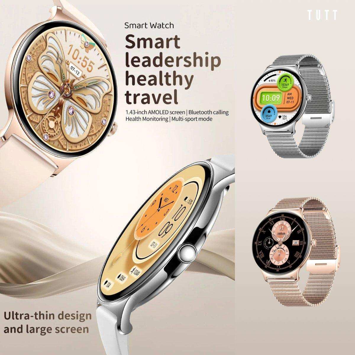 TUTT  Classic Smartwatch for Women Men AMOLED 1.43”  | Ultra-Thin Frame | Always-on-Display | Fitness Health Tracker V89 Pro | Two Straps: Steel & Rubber | Smart Watch for Android iOS - www.Shopthatapp.com