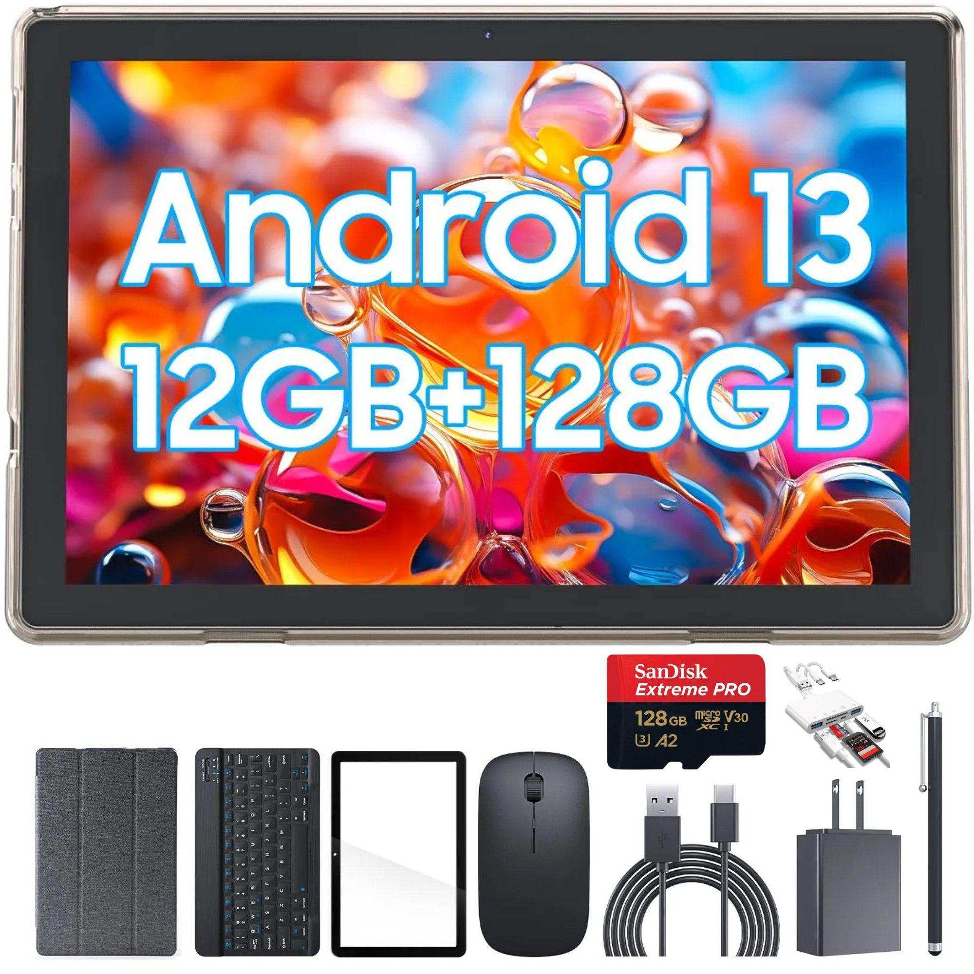 TUTT 10” Tablet Android 13 Keyboard, Mouse, Case, Stylus, 128GB ROM+12GB RAM | Dual Camera CP20 128GB SanDisk