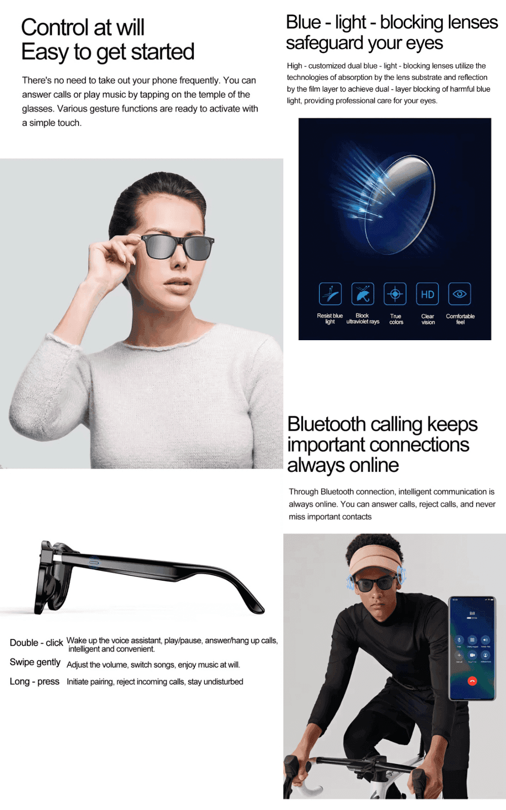 TUTT E8 Smart Bluetooth Sunglasses | AI Voice Assistance Call & Music | HD UV Protection | Anti-Blue Ray - www.Shopthatapp.com