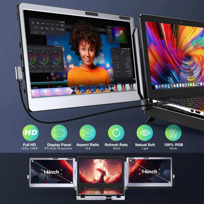 TUTT F2 Portable Laptop Monitor Screen Extender 14'' Inches  360° Rotation Stand, 1080P HD IPS Compatible Windows/Mac/Surface/Dex/Switch for 12-17” Laptop Built-In Speaker