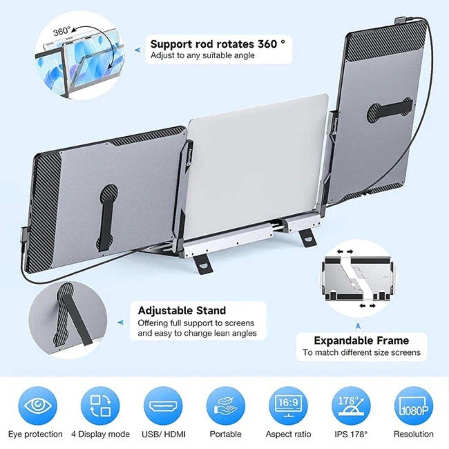 TUTT F2 Portable Laptop Monitor Screen Extender 14'' Inches  360° Rotation Stand, 1080P HD IPS Compatible Windows/Mac/Surface/Dex/Switch for 12-17” Laptop Built-In Speaker