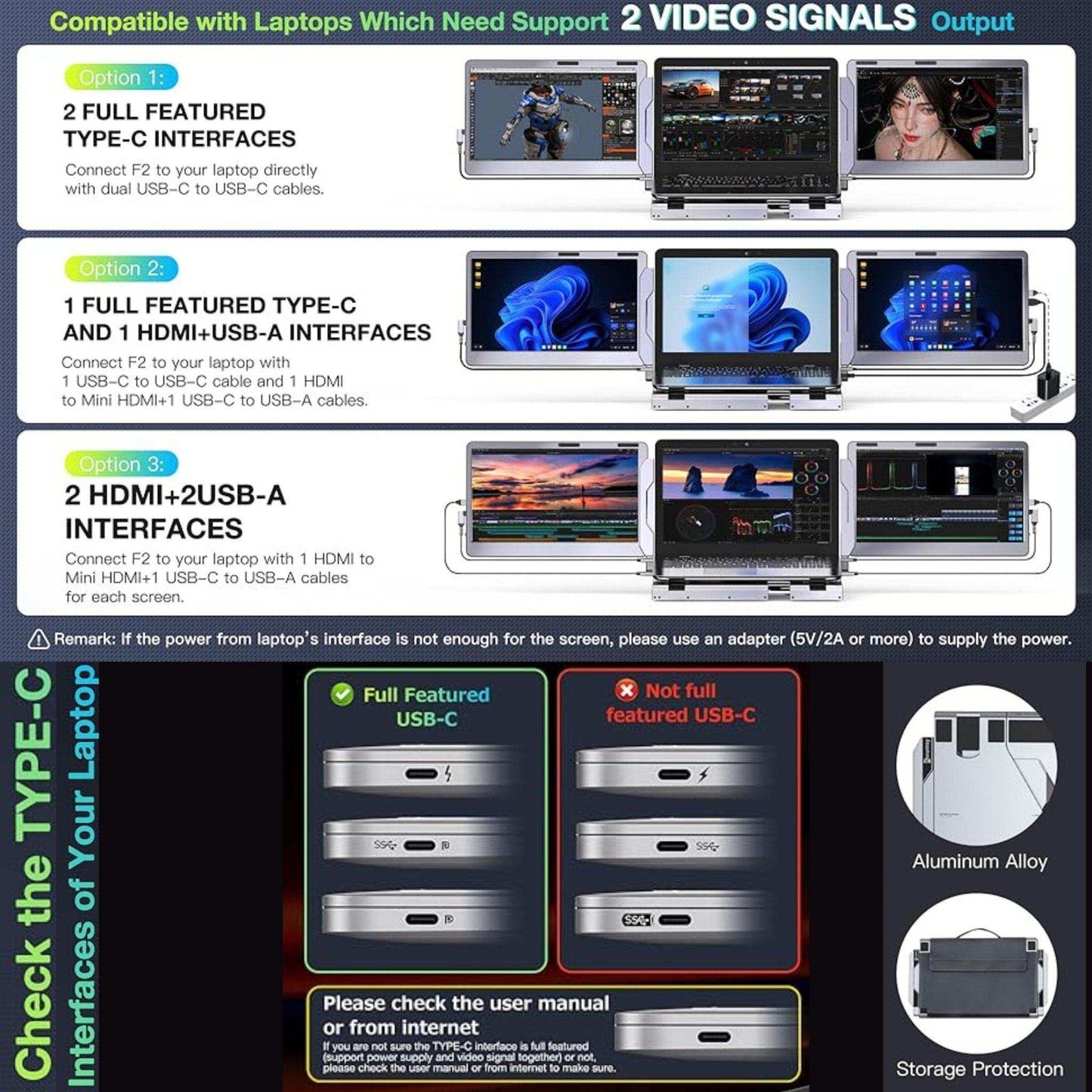 TUTT F2 Portable Laptop Monitor Screen Extender 14'' Inches  360° Rotation Stand, 1080P HD IPS Compatible Windows/Mac/Surface/Dex/Switch for 12-17” Laptop Built-In Speaker