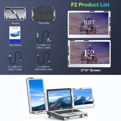 TUTT F2 Portable Laptop Monitor Screen Extender 14'' Inches  360° Rotation Stand, 1080P HD IPS Compatible Windows/Mac/Surface/Dex/Switch for 12-17” Laptop Built-In Speaker