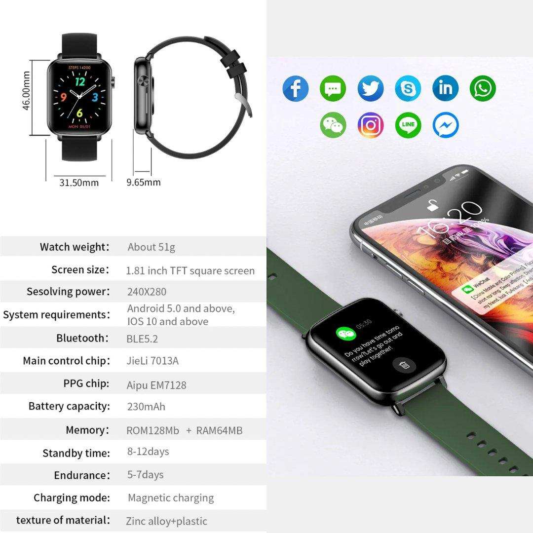 TUTT H90 Men and Women Fashion Smart Watch Reloj BT Call Fashion Design with 1.81 inch HD Screen Heart Rate Monitor Fitness Tracking |Two Straps Rubber &Steel - www.Shopthatapp.com