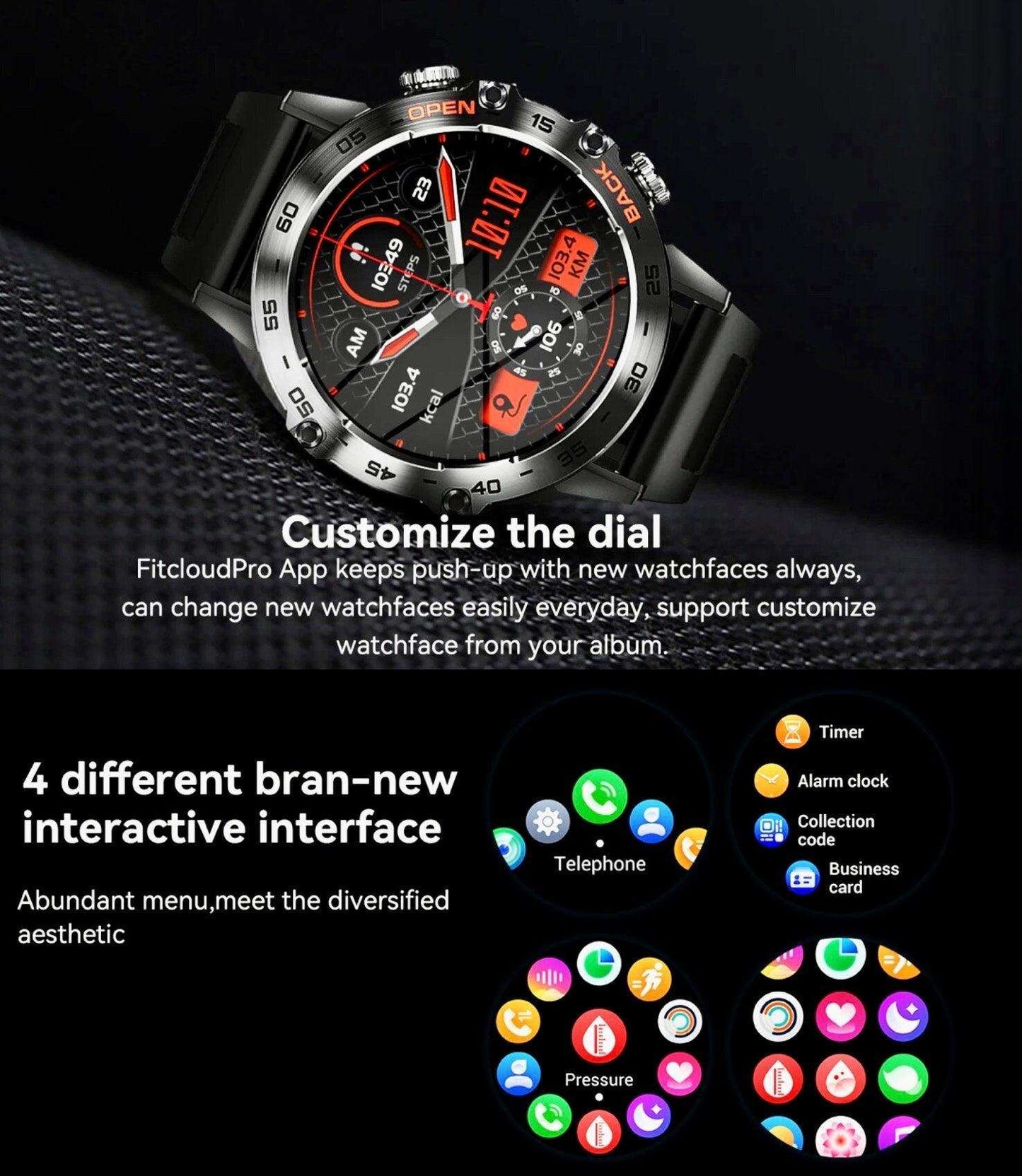 TUTT Smart Watch for Men Metal Case | Military Rugged Smartwatch BT Call Health & Fitness | 2 Straps (Rubber Metal) K52 LIGE - www.Shopthatapp.com