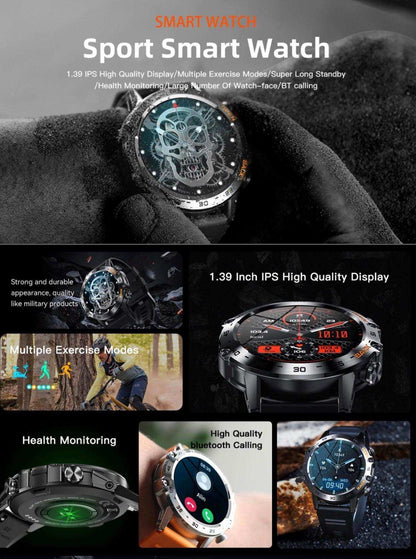 TUTT Smart Watch for Men Metal Case | Military Rugged Smartwatch BT Call Health & Fitness | 2 Straps (Rubber Metal) K52 LIGE - www.Shopthatapp.com