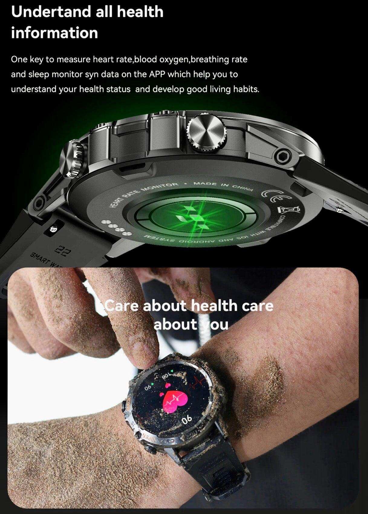 TUTT Smart Watch for Men Metal Case | Military Rugged Smartwatch BT Call Health & Fitness | 2 Straps (Rubber Metal) K52 LIGE - www.Shopthatapp.com