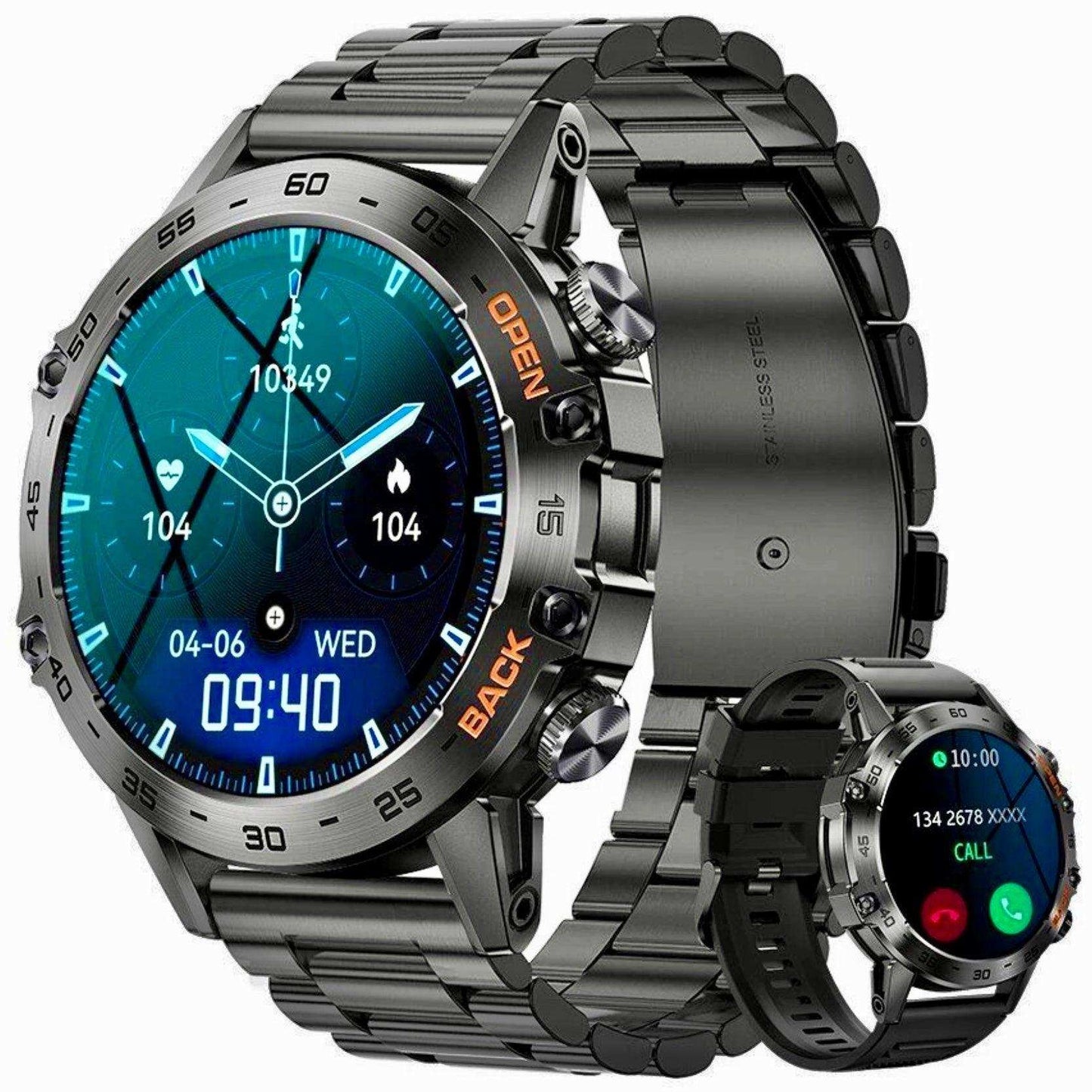 TUTT Smart Watch for Men Metal Case | Military Rugged Smartwatch BT Call Health & Fitness | 2 Straps (Rubber Metal) K52 LIGE - www.Shopthatapp.com