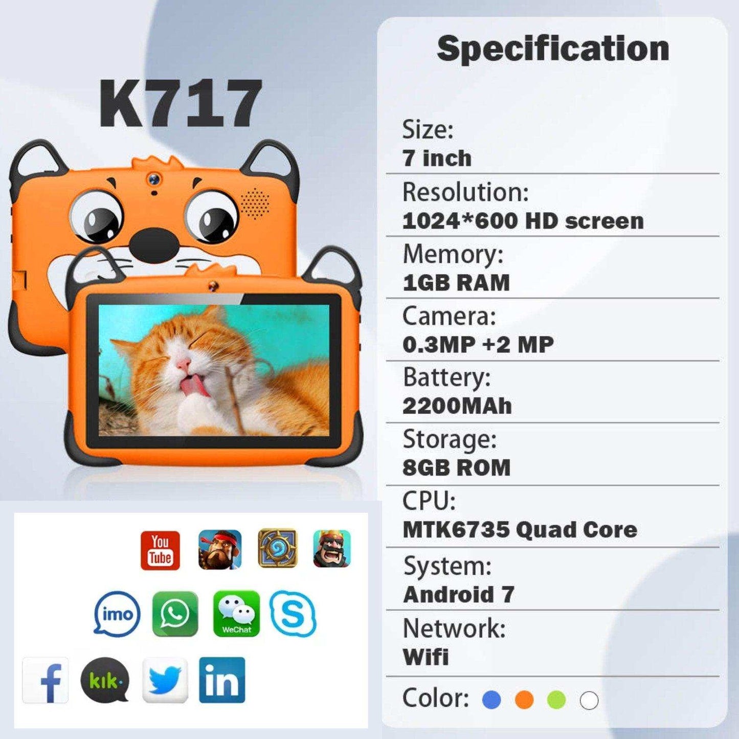 TUTT K7 Drop-Resistant Eva Case Shell HD 7” Kid’s Learning Educational Tablet 8GB Memory (Extendable) Android Dual Camera Parental Control Kid Tablet