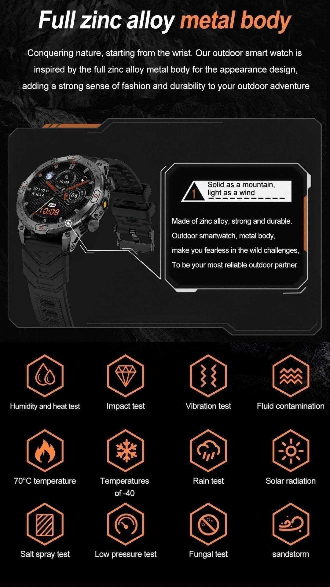 TUTT KC86 AMOLED Zinc Alloy Rugged Outdoor Smart Watch | Compass Barometer Altimeter 1 ATM Waterproof Emergency LED Flashlight | Sport Health Monitor Men Women Long 450 mAh Battery - www.Shopthatapp.com