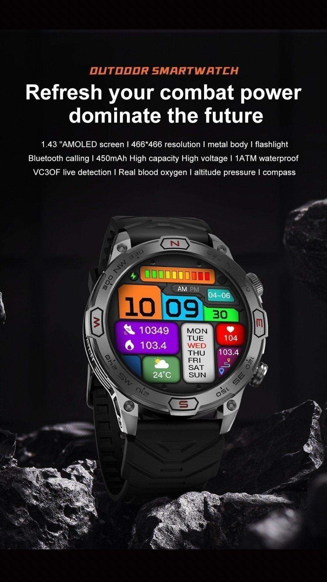 TUTT KC86 AMOLED Zinc Alloy Rugged Outdoor Smart Watch | Compass Barometer Altimeter 1 ATM Waterproof Emergency LED Flashlight | Sport Health Monitor Men Women Long 450 mAh Battery - www.Shopthatapp.com