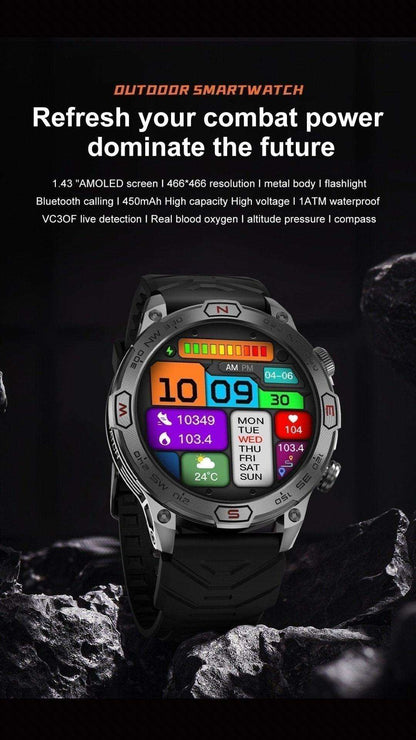 TUTT KC86 AMOLED Zinc Alloy Rugged Outdoor Smart Watch | Compass Barometer Altimeter 1 ATM Waterproof Emergency LED Flashlight | Sport Health Monitor Men Women Long 450 mAh Battery - www.Shopthatapp.com
