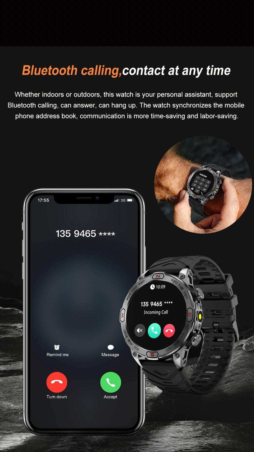 TUTT KC86 AMOLED Zinc Alloy Rugged Outdoor Smart Watch | Compass Barometer Altimeter 1 ATM Waterproof Emergency LED Flashlight | Sport Health Monitor Men Women Long 450 mAh Battery - www.Shopthatapp.com