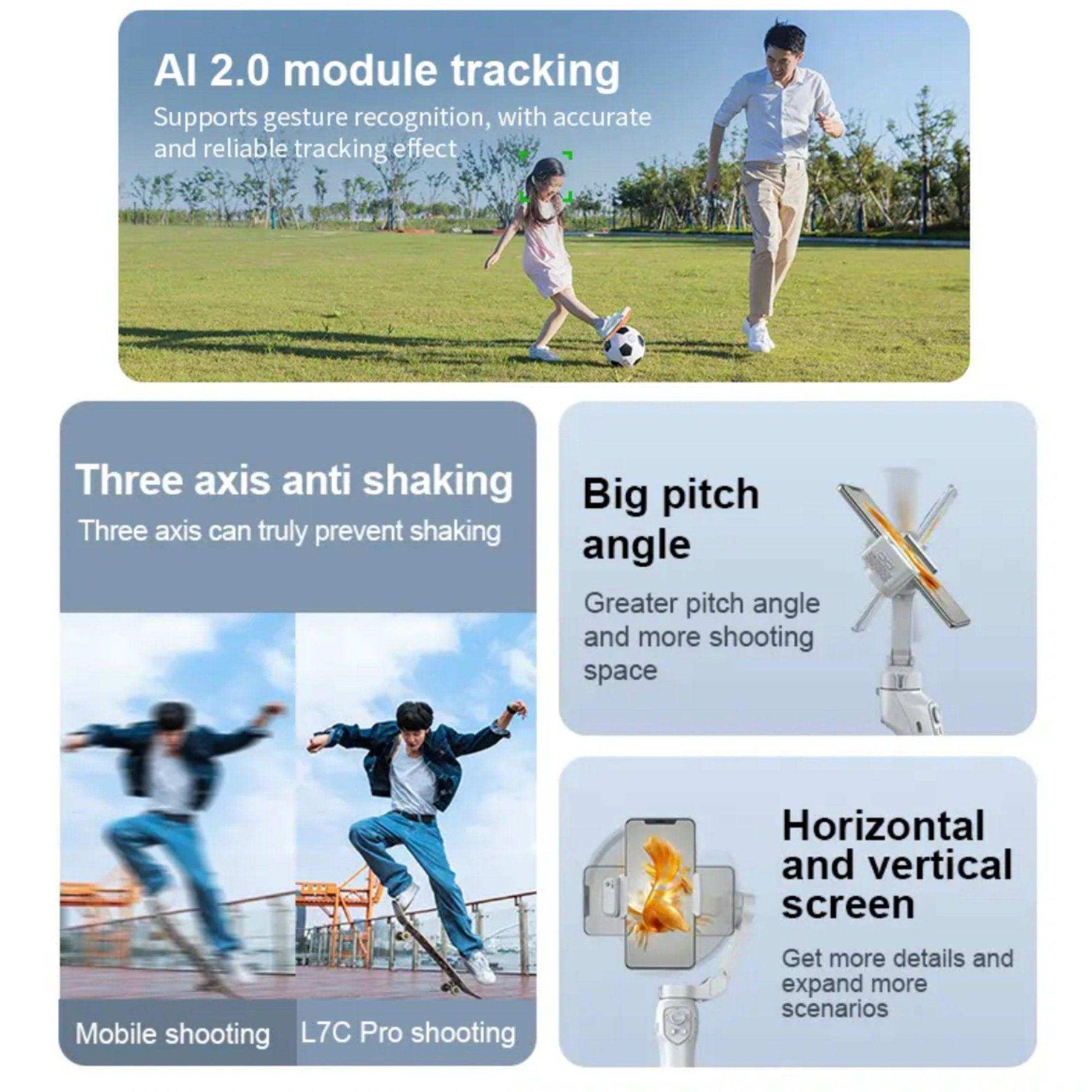 TUTT L7C Pro + AI Module | 3 Axis Smartphone Selfie Stick Phone Gimbal Stabilizer | Auto Face Tracking - www.Shopthatapp.com